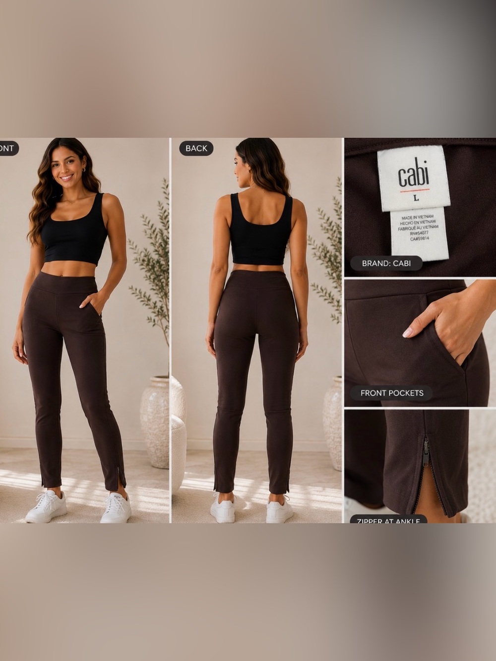 Cabi dark Brown Slim Ankle Zip Pants – Size Large NWT